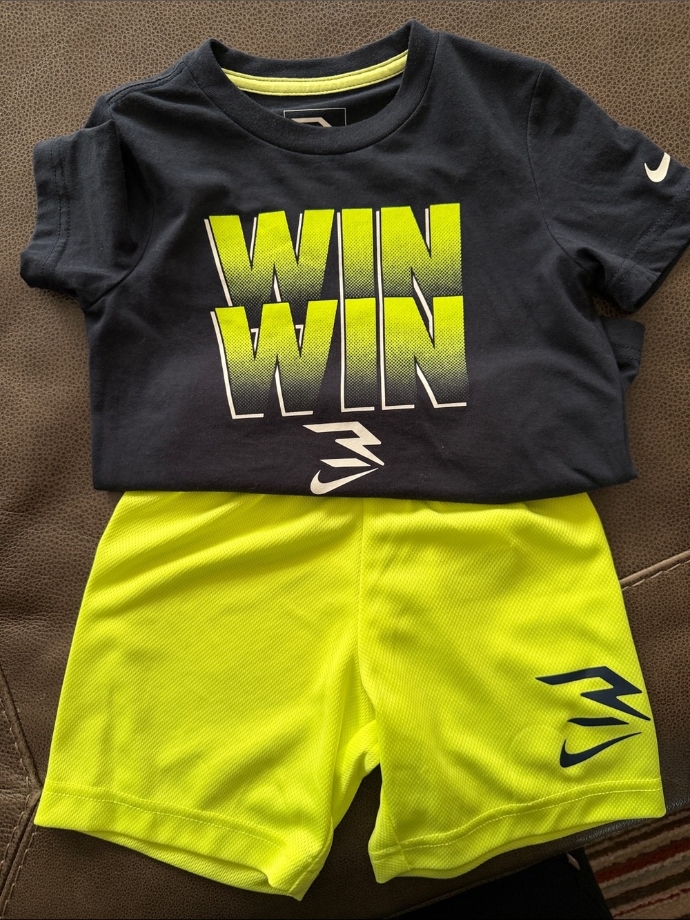 Nike Black Tee with Neon Yellow 'WIN WIN' Graphic and Neon Yellow Shorts